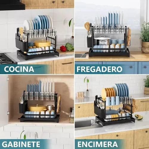 Escurridor Seca Platos Organizador 2 Niveles Drenaje Cocina Negro