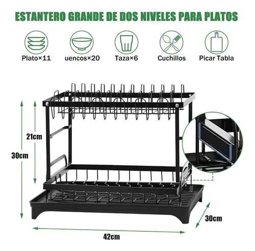 Escurridor Seca Platos Organizador 2 Niveles Drenaje Cocina Negro