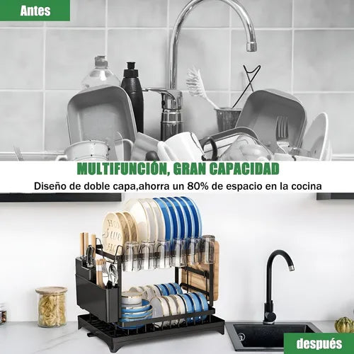 Escurridor Seca Platos Organizador 2 Niveles Drenaje Cocina Negro