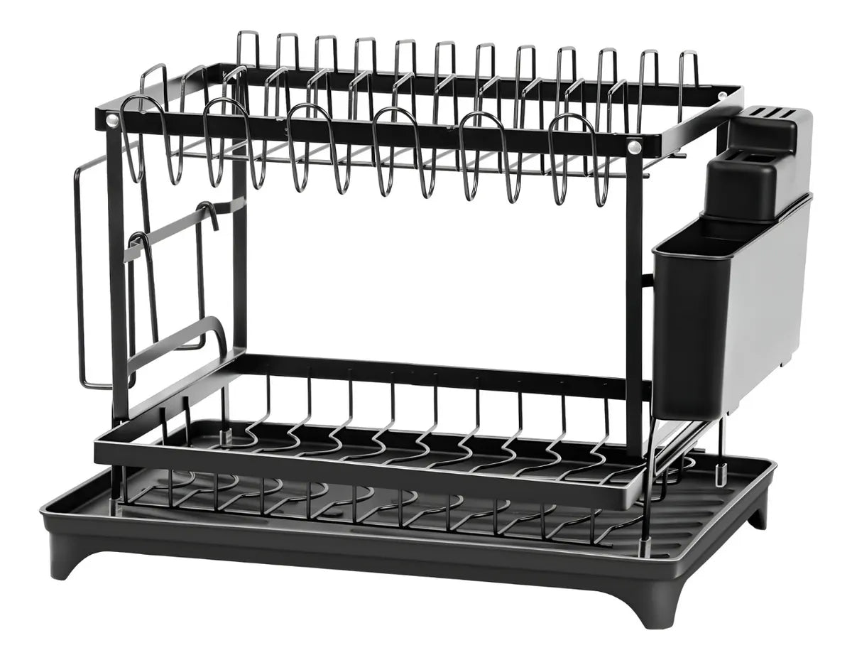 Escurridor Seca Platos Organizador 2 Niveles Drenaje Cocina Negro
