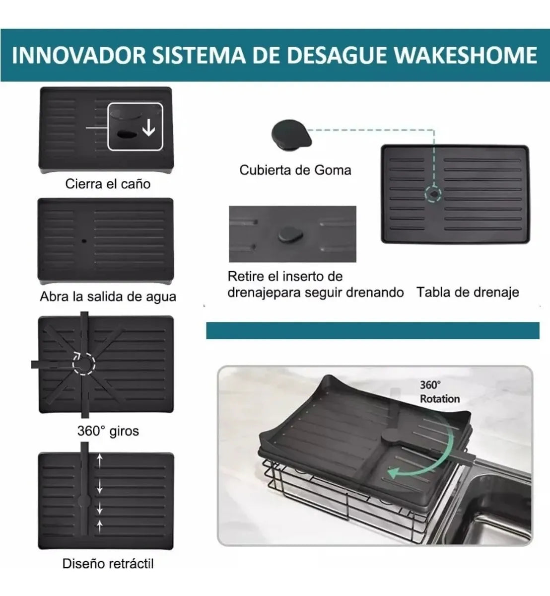 Escurridor Seca Platos Organizador 2 Niveles Drenaje Cocina Negro