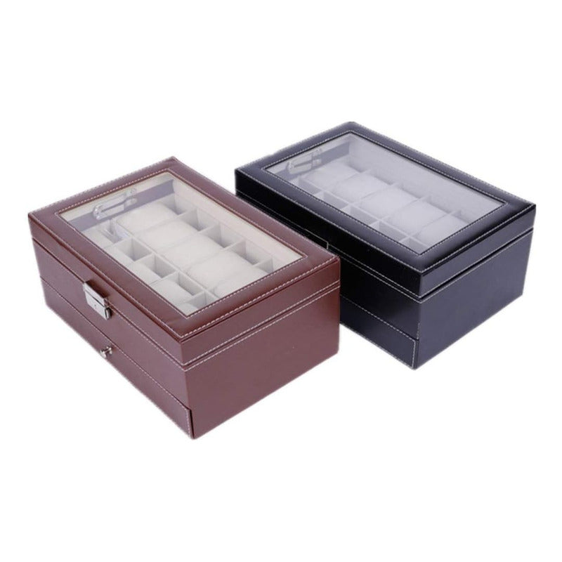 Caja Organizadora De Relojes En Madera Negra, Cuero Y Vidrio