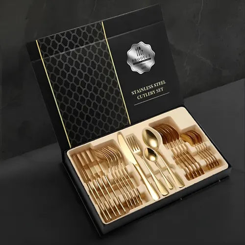Juego De Cubiertos 24 Piezas Acero Inoxidable Con Estuche Dorado