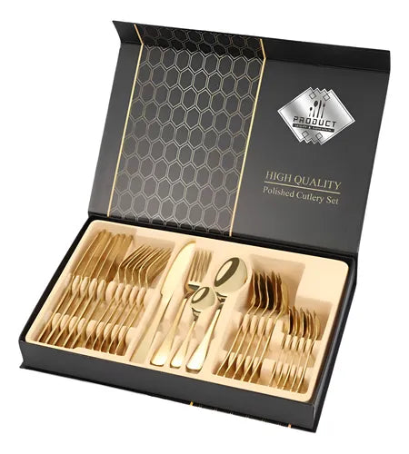 Juego De Cubiertos 24 Piezas Acero Inoxidable Con Estuche Dorado