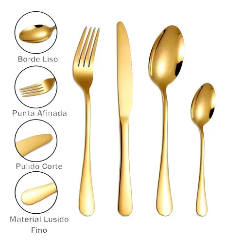 Juego De Cubiertos 24 Piezas Acero Inoxidable Con Estuche Dorado