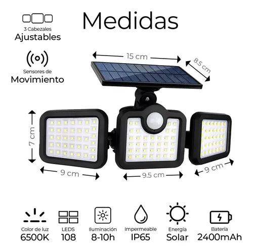 Luz Solar Exterior Con Sensor De Movimiento 3 Cabezales Negro