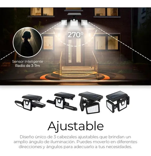 Luz Solar Exterior Con Sensor De Movimiento 3 Cabezales Negro