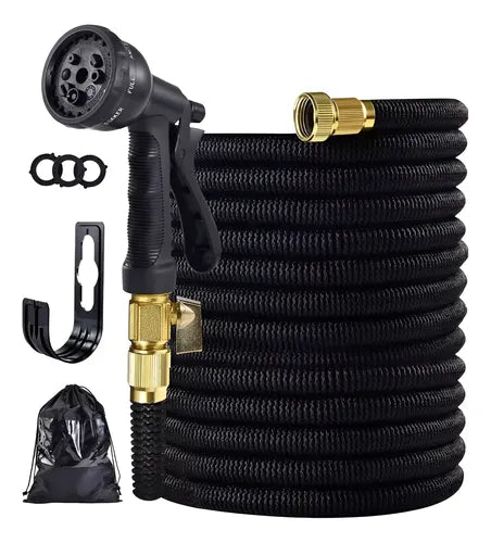 Manguera De Riego Extensible + Pistola Jardín Multifunción Negro