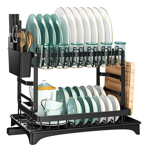 Escurridor Seca Platos Organizador 2 Niveles Drenaje Cocina Negro