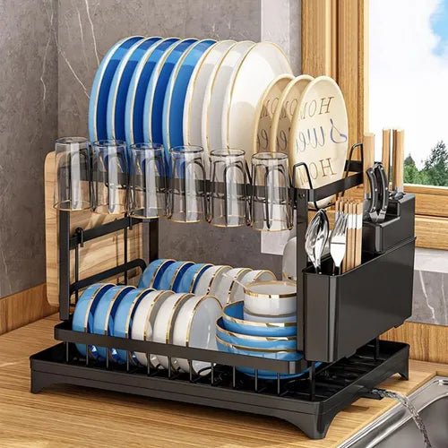 Escurridor Seca Platos Organizador 2 Niveles Drenaje Cocina Negro