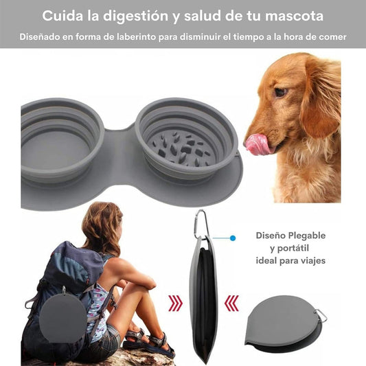 Plato Doble Plegable De Perro De Alimentación Lenta Mascotas Negro