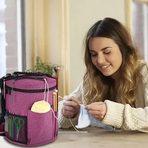 Bolsa Para Almacenar Lana Ovillos Agujas Y Set Crochet Rosa Oscuro (foto 2)