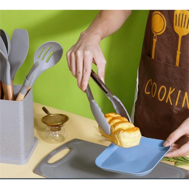 Set De Cocina 19 Piezas Silicona Y Madera Con Balde Organiza