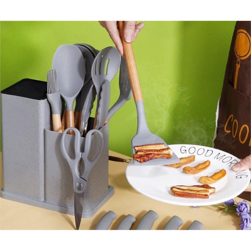 Set De Cocina 19 Piezas Silicona Y Madera Con Balde Organiza