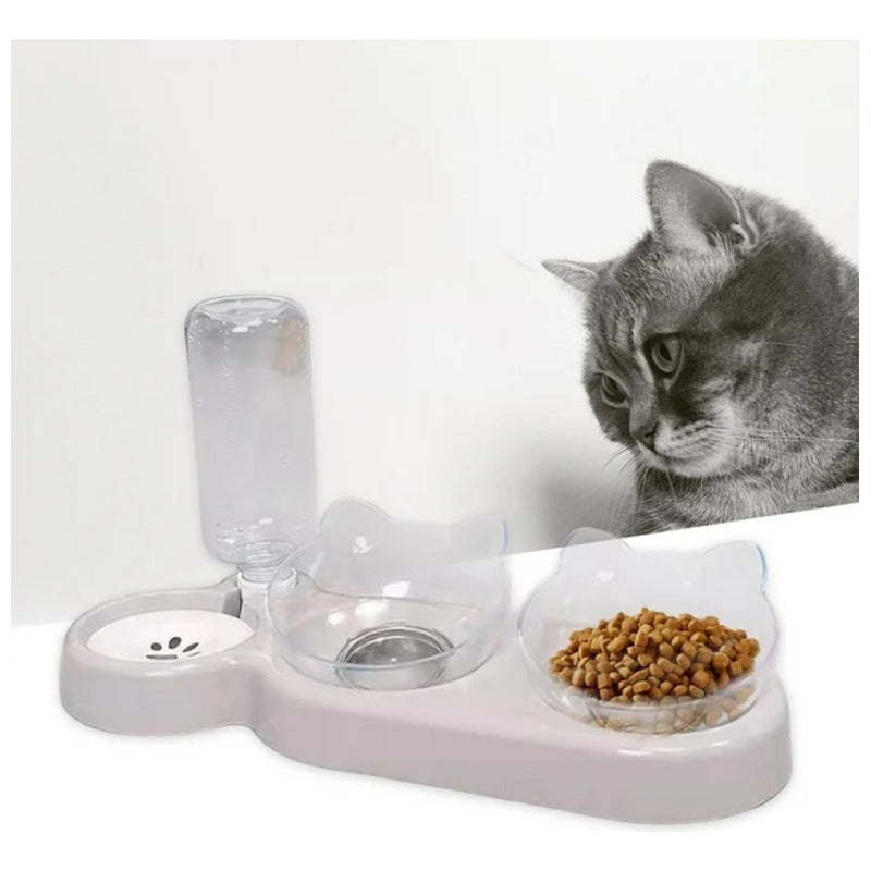 Cuenco De Comida Doble Para Gatos Con Bebedero Blanco