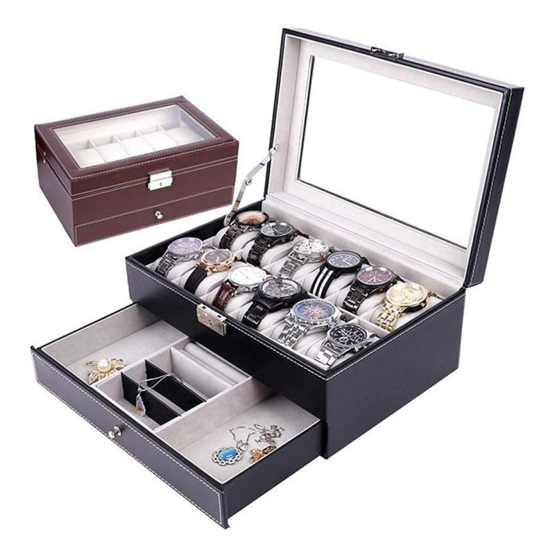 Caja Organizadora De Relojes En Madera Negra, Cuero Y Vidrio
