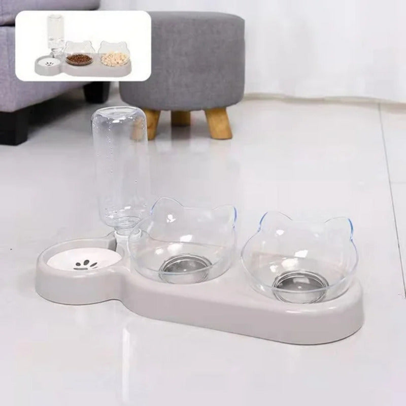 Cuenco De Comida Doble Para Gatos Con Bebedero Blanco