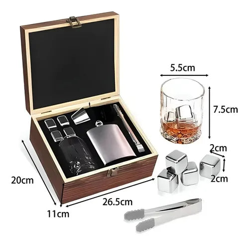 Set De Vaso De Whisky Y Petaca Elegante Con Caja De Madera