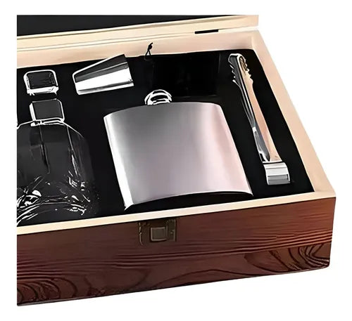 Set De Vaso De Whisky Y Petaca Elegante Con Caja De Madera