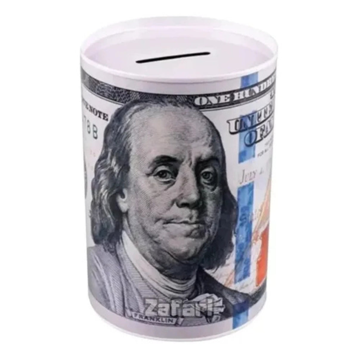 Alcancía Cilíndrica Blanca Grande Cara De Benjamin Franklin