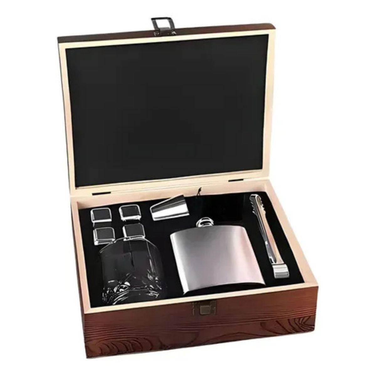 Set De Vaso De Whisky Y Petaca Elegante Con Caja De Madera